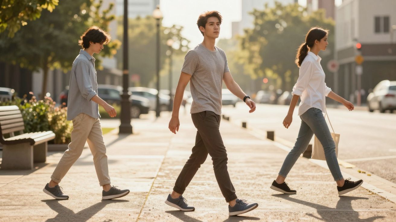 Três jovens a atravessar uma rua urbana num dia ensolarado, com árvores e carros ao fundo.