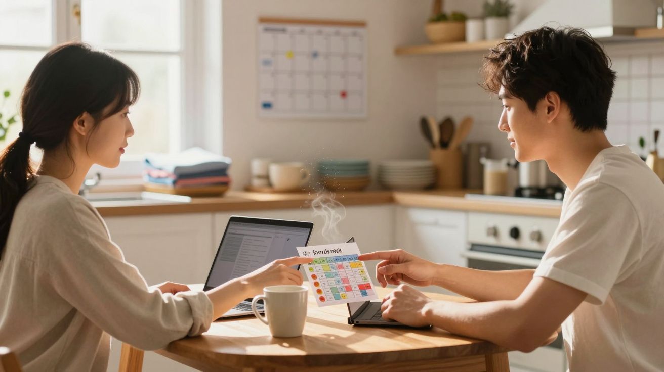 Casal jovem a consultar calendário enquanto trabalha num computador portátil numa cozinha luminosa.