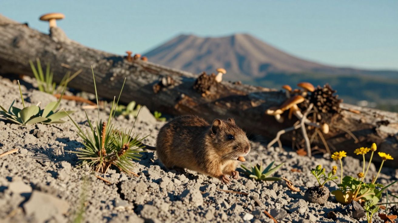 Roedor pequeno no solo rochoso com vegetação, cogumelos e montanha ao fundo em dia ensolarado.