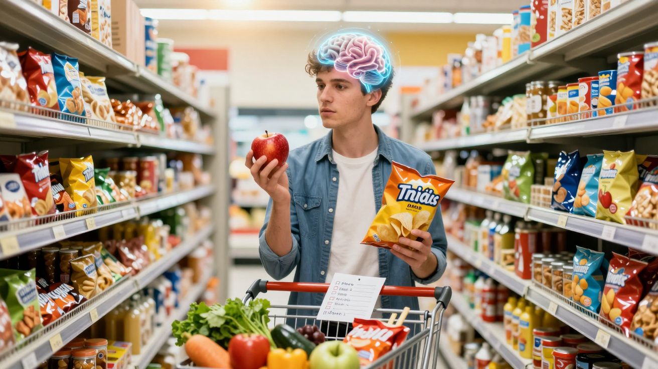 Homem no supermercado a escolher entre uma maçã e batatas fritas, com ilustração de cérebro iluminado.