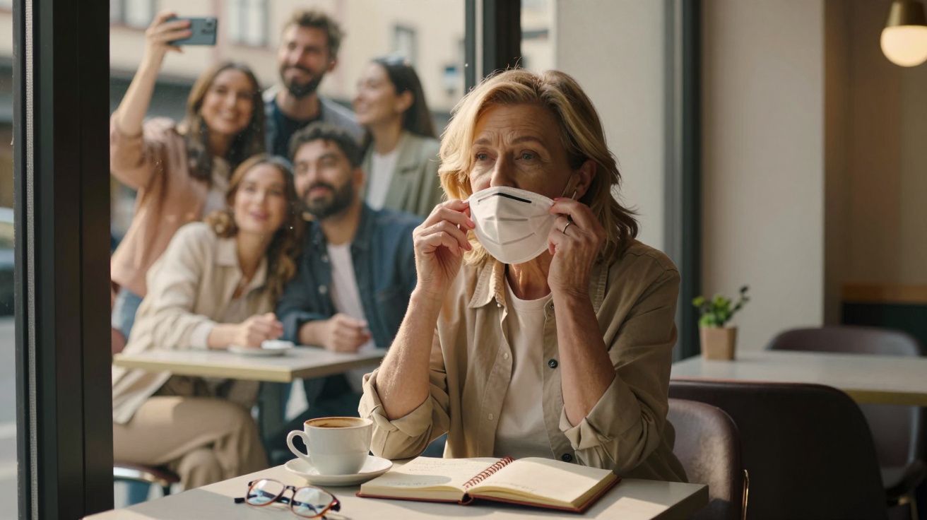 Mulher de idade média a colocar máscara sentada numa cafetaria, enquanto grupo de jovens tira selfie ao fundo.