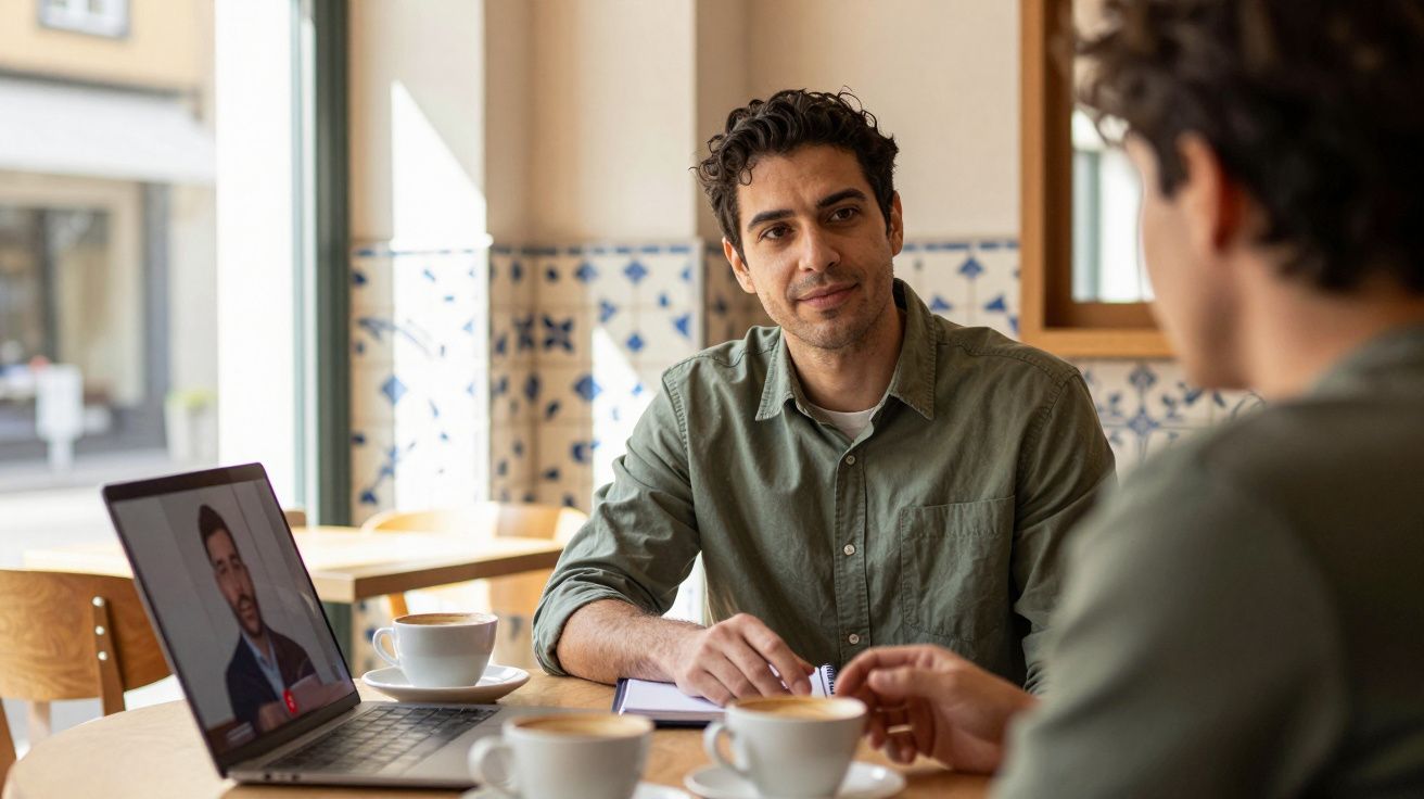 Homem numa reunião informal num café, com computador portátil, cadernos e café na mesa.