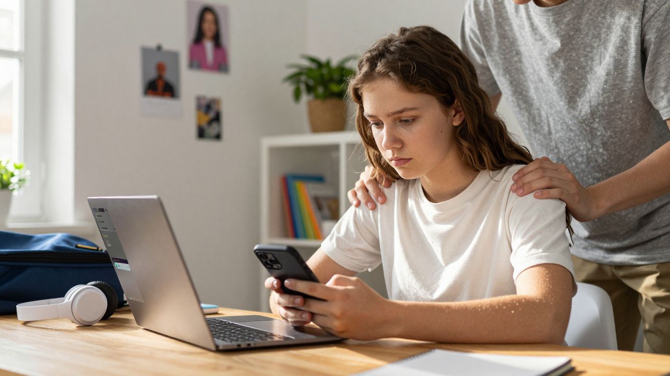 Rapaz consola rapariga triste que olha para o telemóvel sentada à mesa com portátil aberto.