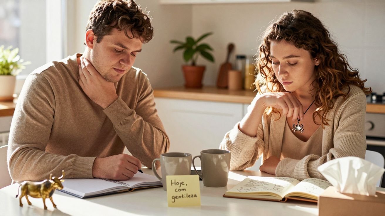 Casal jovem sentado à mesa a ler e fazer anotações, com post-it "Hoje, com gentileza" e lenços de papel.