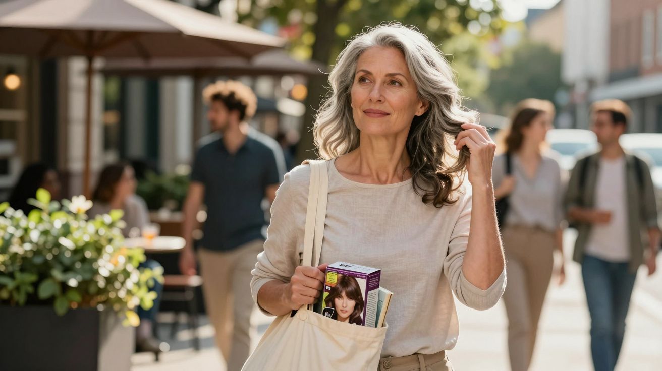Mulher de cabelos grisalhos caminha na rua com saco de tecido contendo caixa de tintura de cabelo e livros.