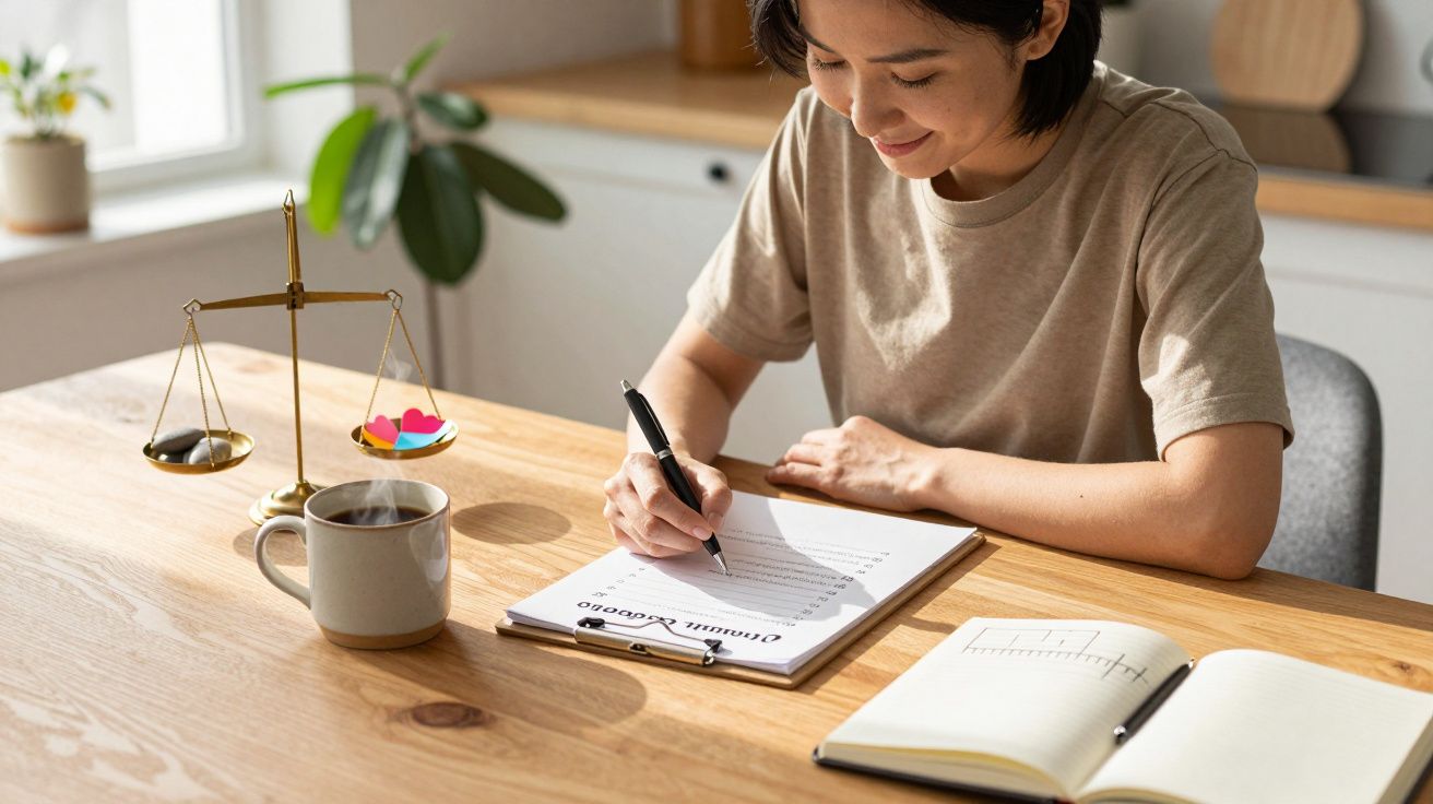 Mulher a assinar um formulário de casamento sentado à mesa com uma balança, café e um caderno aberto.