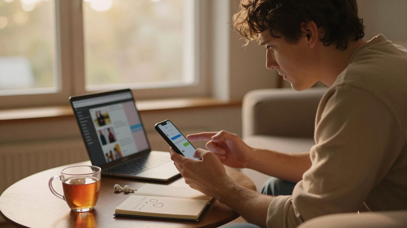 Jovem sentado à mesa usa telemóvel, com computador portátil, caderno, auriculares e chá ao lado.