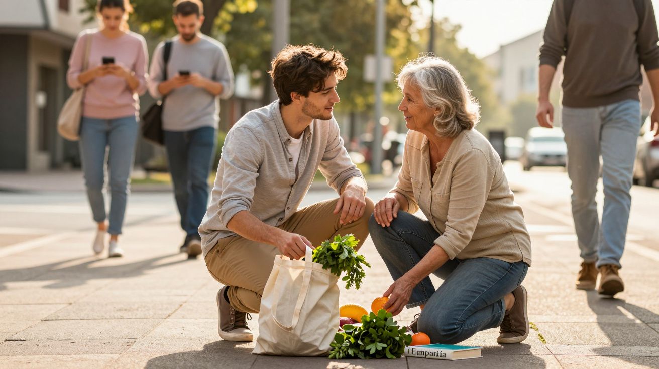 Homem jovem e senhora idosa apanham frutas e legumes caídos no chão numa rua urbana ensolarada.