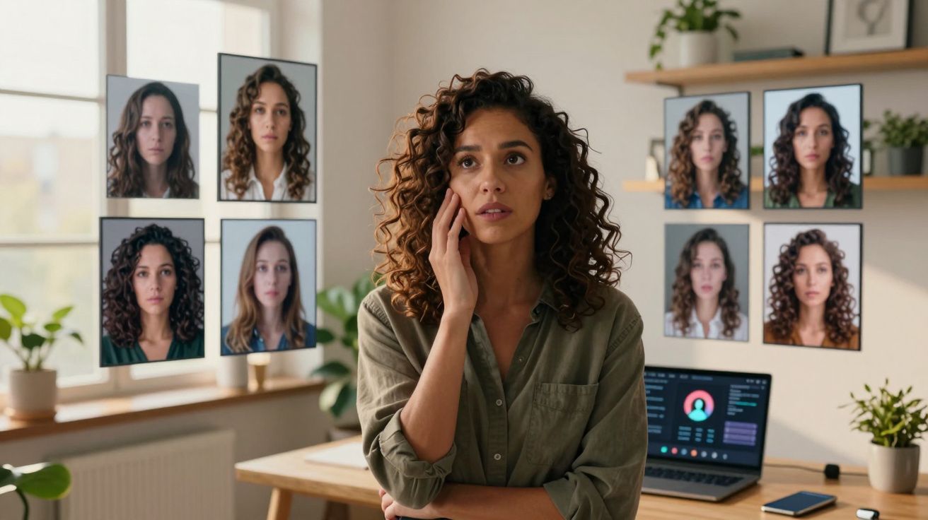 Mulher pensativa rodeada por múltiplos ecrãs com diferentes versões do seu rosto em ambiente de escritório.