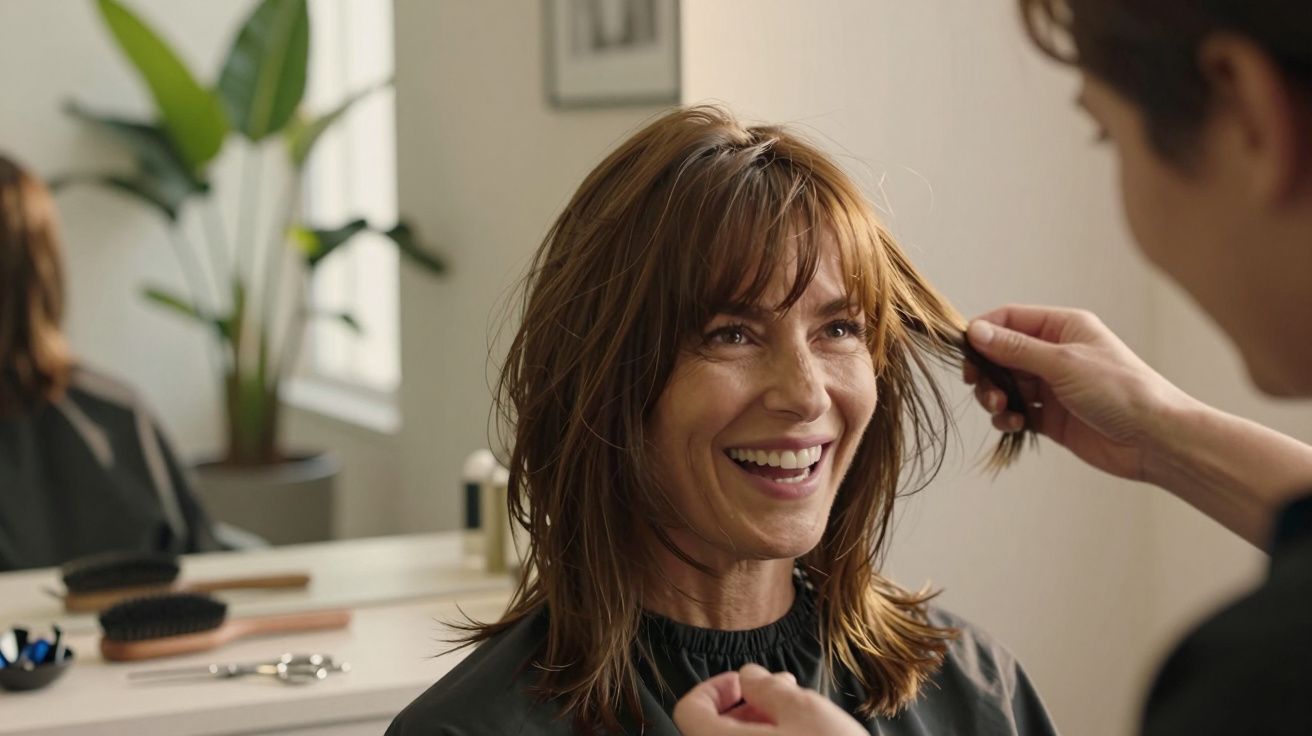 Mulher sorridente a fazer corte de cabelo num salão moderno com planta verde ao fundo.