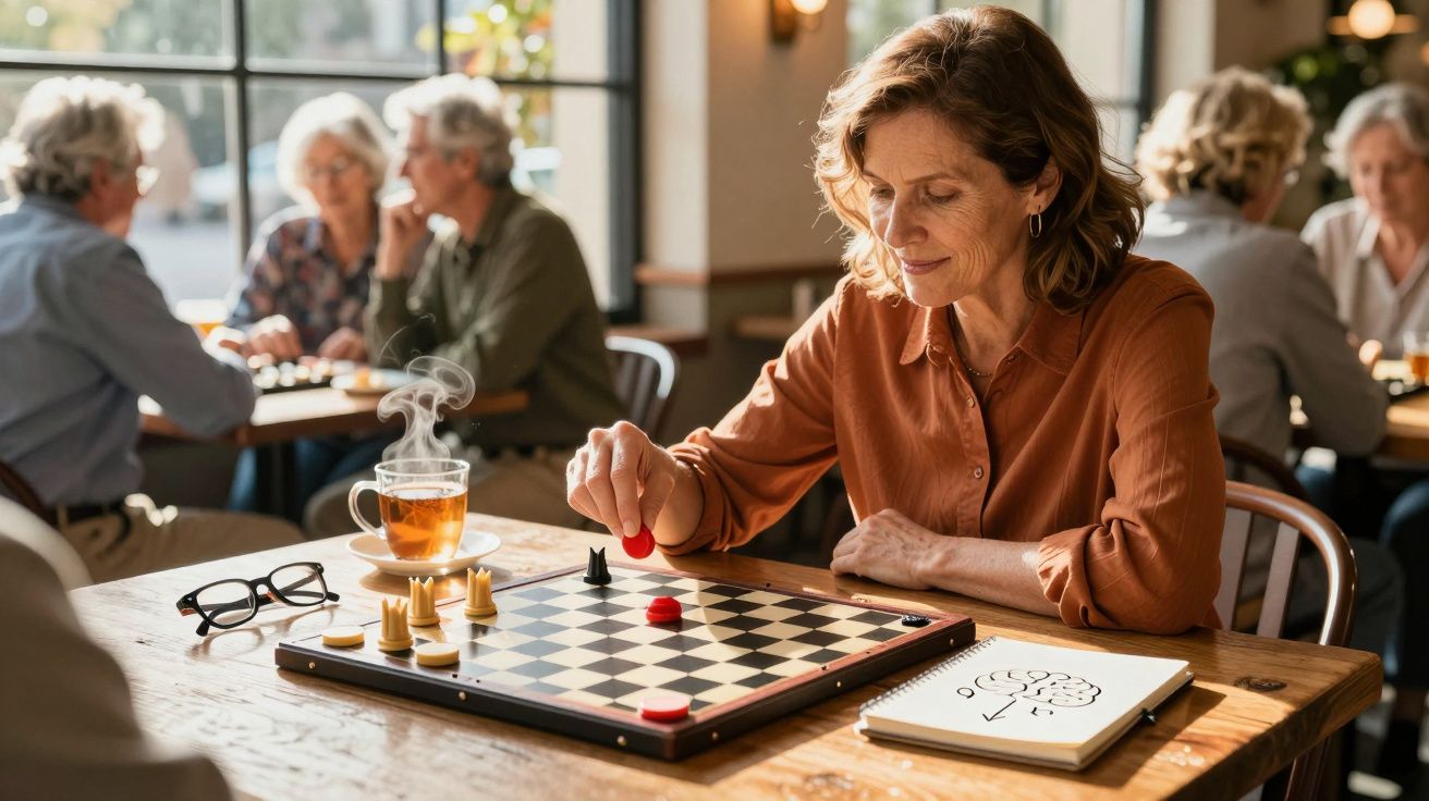 Mulher sénior a jogar damas num café, com chá quente e pessoas idosas ao fundo a jogar jogos de tabuleiro.