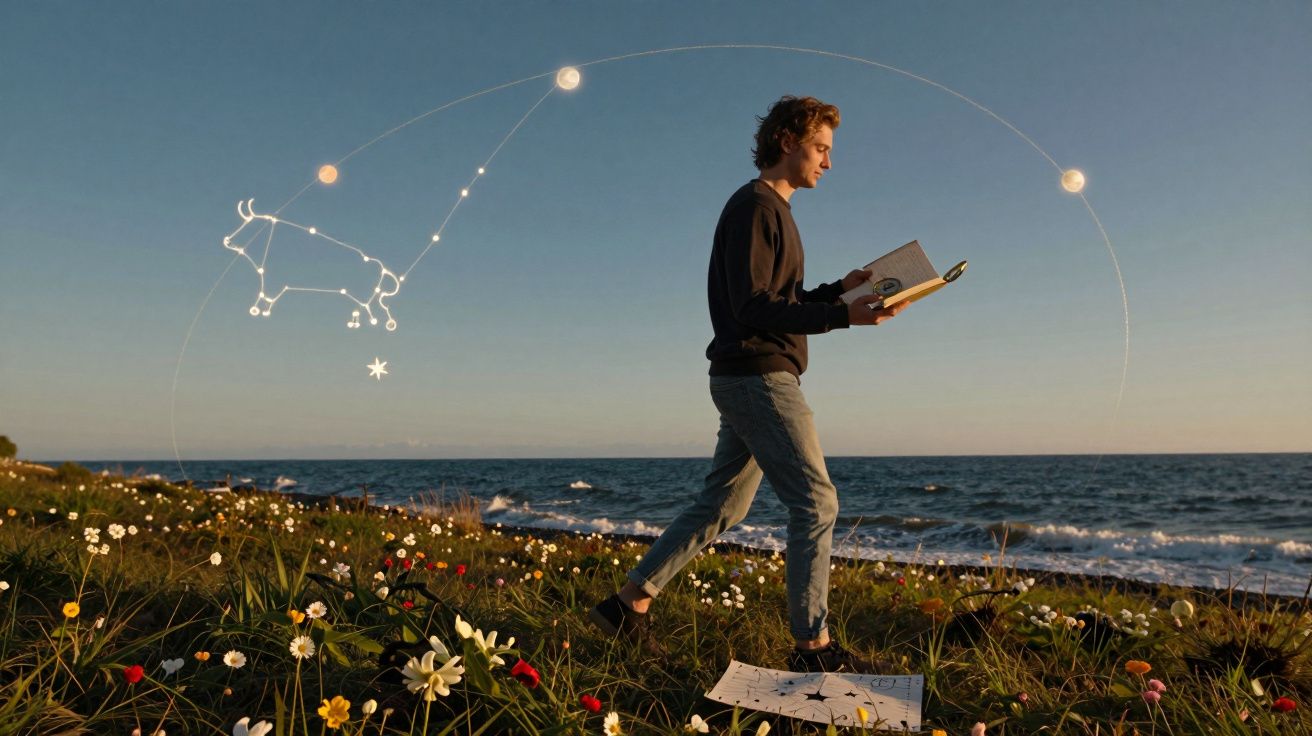 Homem a ler livro num campo florido junto ao mar, com ilustração do zodíaco e fases da lua no céu.