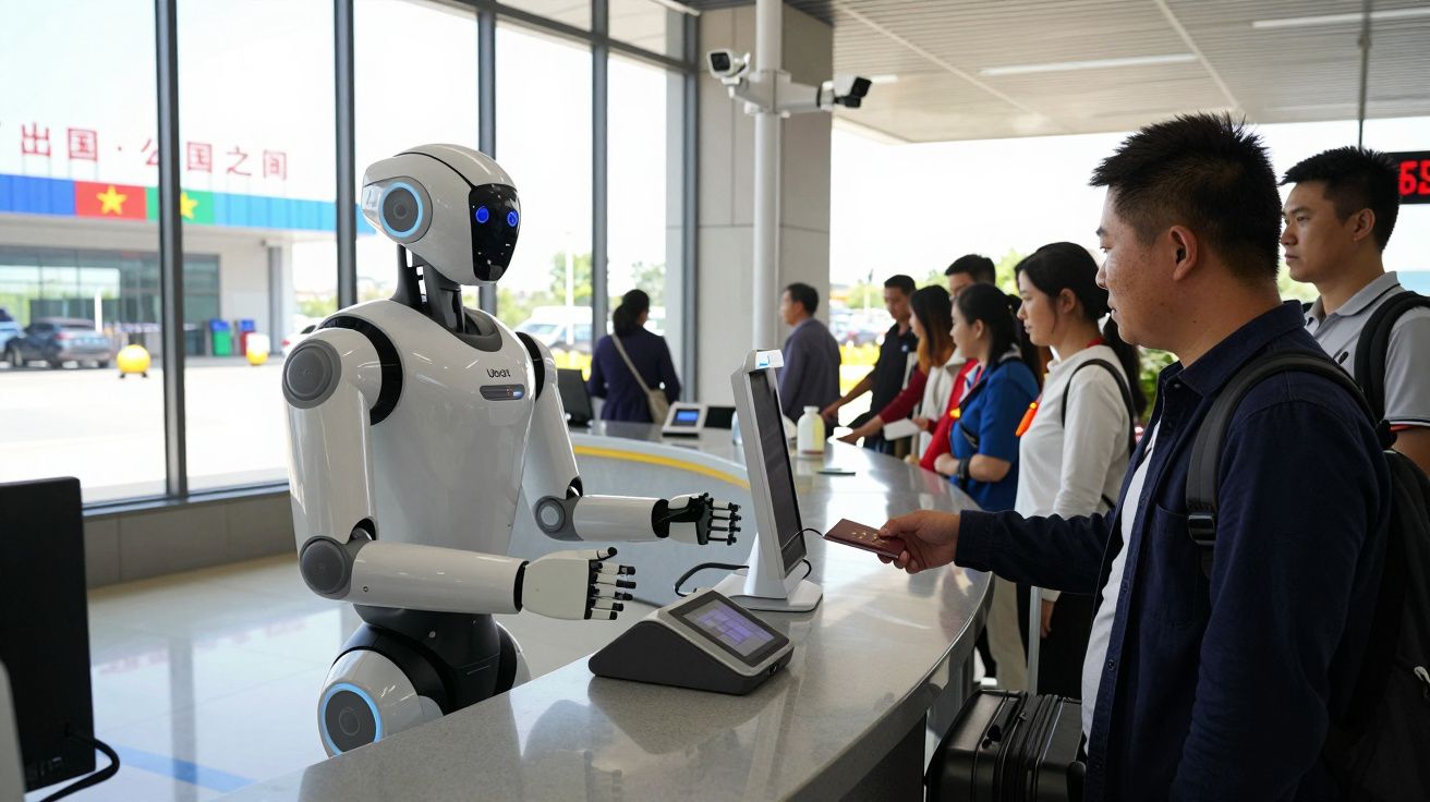 Robô assistente a atender passageiros numa fila num balcão de aeroporto moderno.