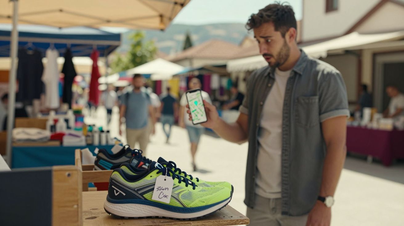 Homem num mercado ao ar livre segurando telemóvel, olhando para sapatilhas desportivas com etiqueta de venda.