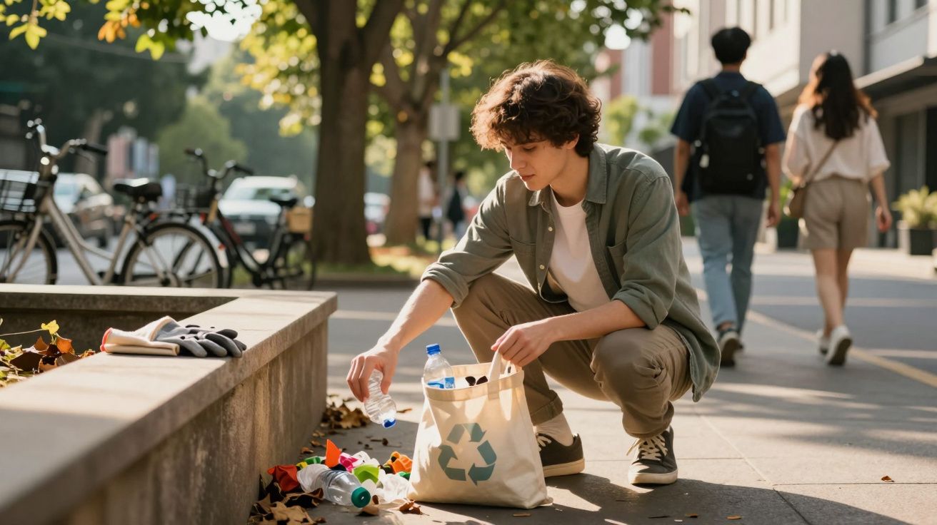 Jovem a apanhar lixo plástico na rua e a colocar em saco com símbolo de reciclagem num dia ensolarado.
