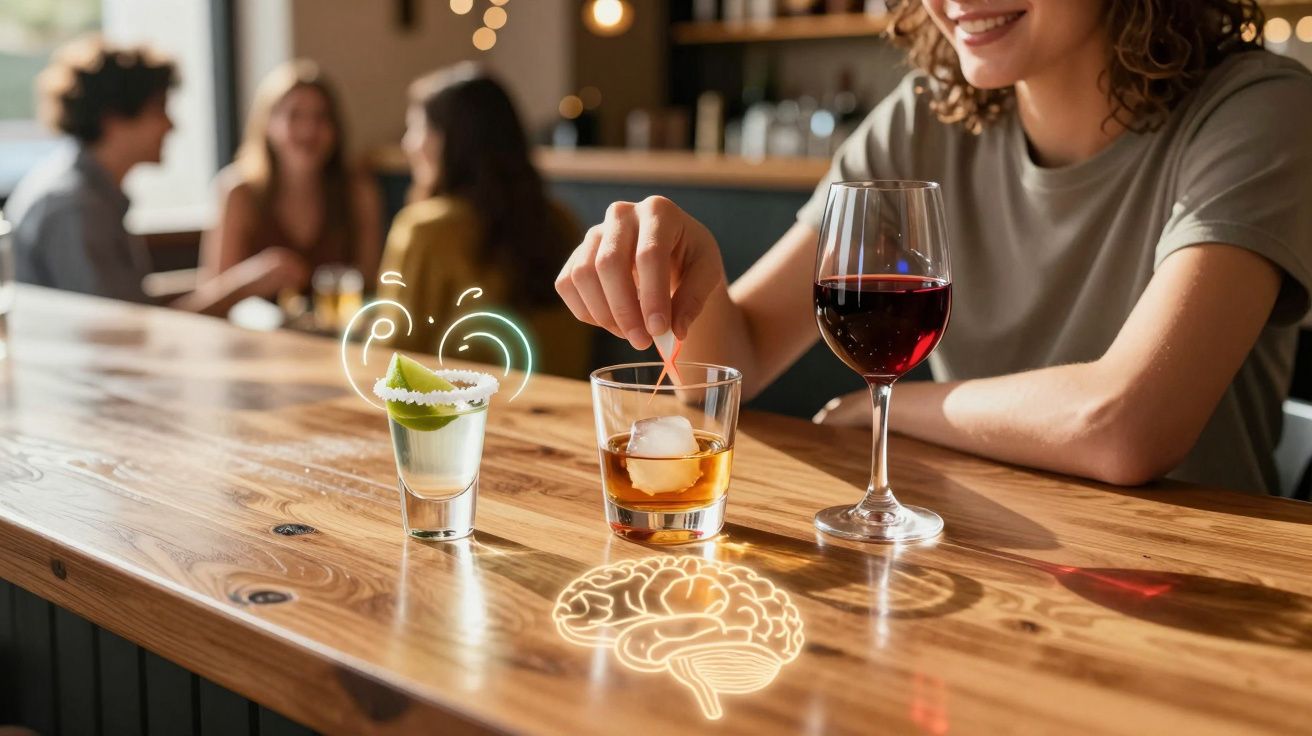 Pessoa num bar a mexer bebida em copo com gelo, ao lado de copo de shot e taça de vinho tinto.