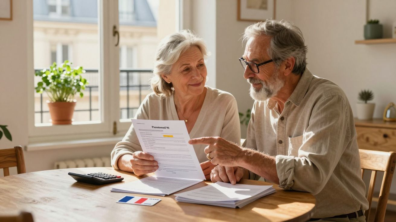 Casal sénior sentado à mesa a analisar documentos e a discutir assuntos financeiros com luz natural.
