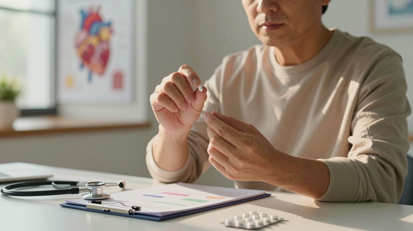 Homem sentado à mesa a preparar-se para tomar um comprimido, com estetoscópio e documentos médicos à frente.