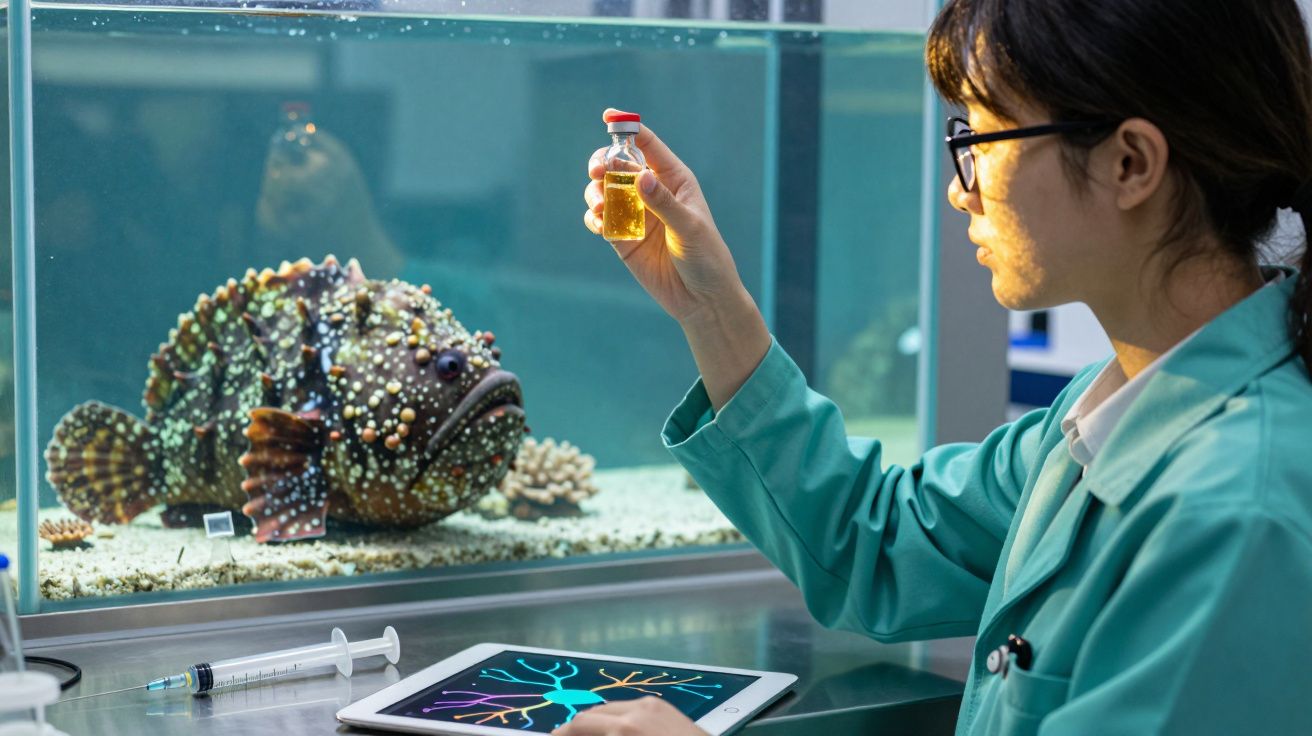 Investigadora em laboratório observa frasco com líquido, ao lado de aquário com peixe coberto por pequenos pontos.