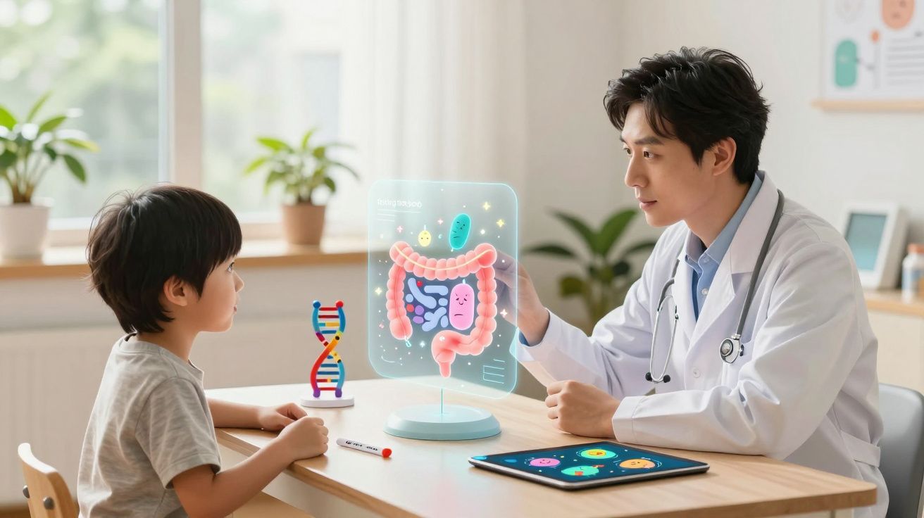 Médico explica ao menino o sistema digestivo com holograma em consulta num consultório iluminado.
