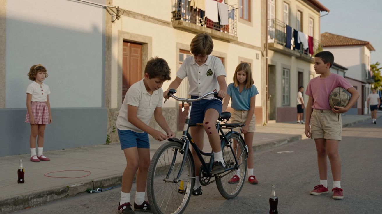 Crianças a brincar numa rua de bairro com bicicleta, bola, garrafas e roupa estendida nas varandas.