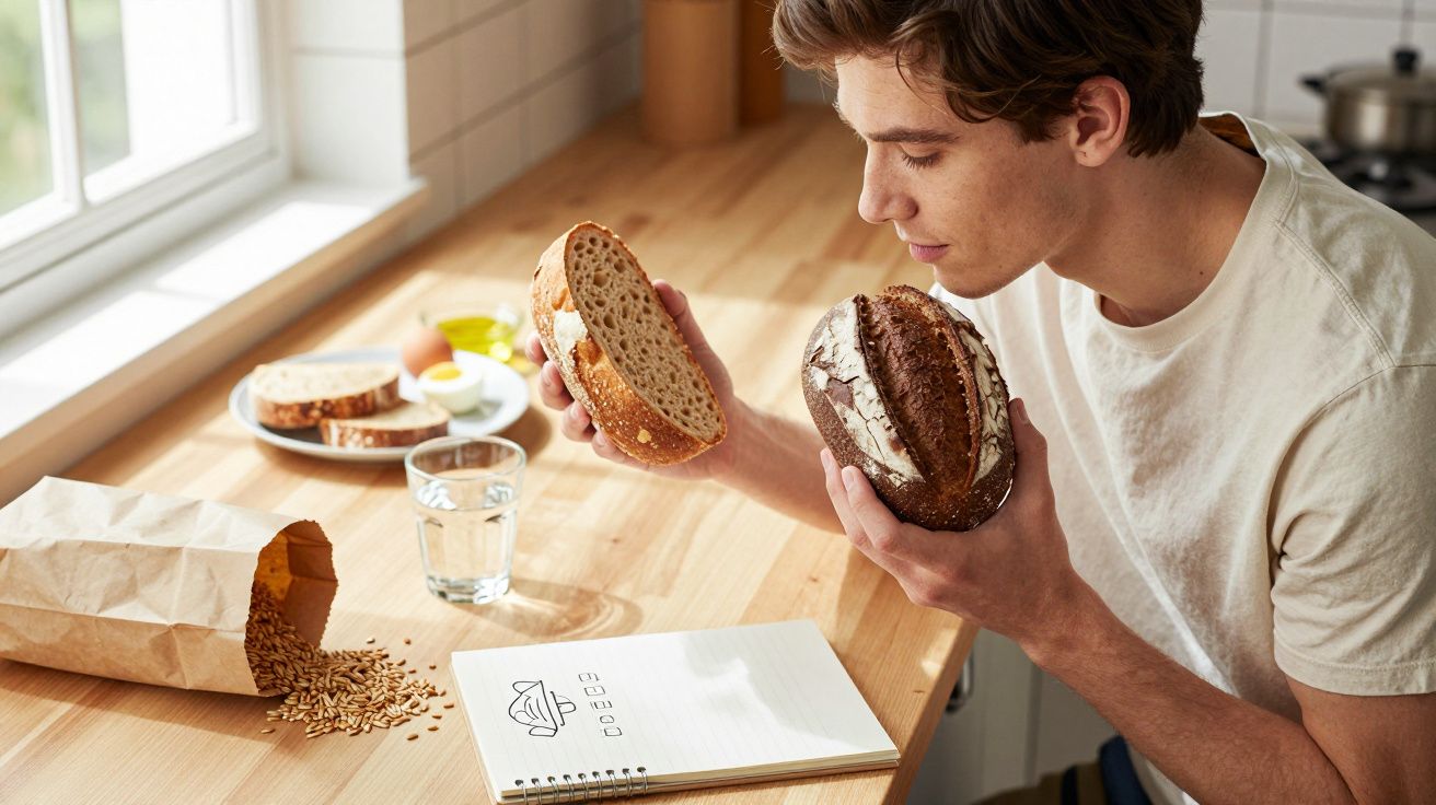 Homem jovem sentado na cozinha a analisar dois tipos de pão, com saco de cereais e caderno numa mesa de madeira.