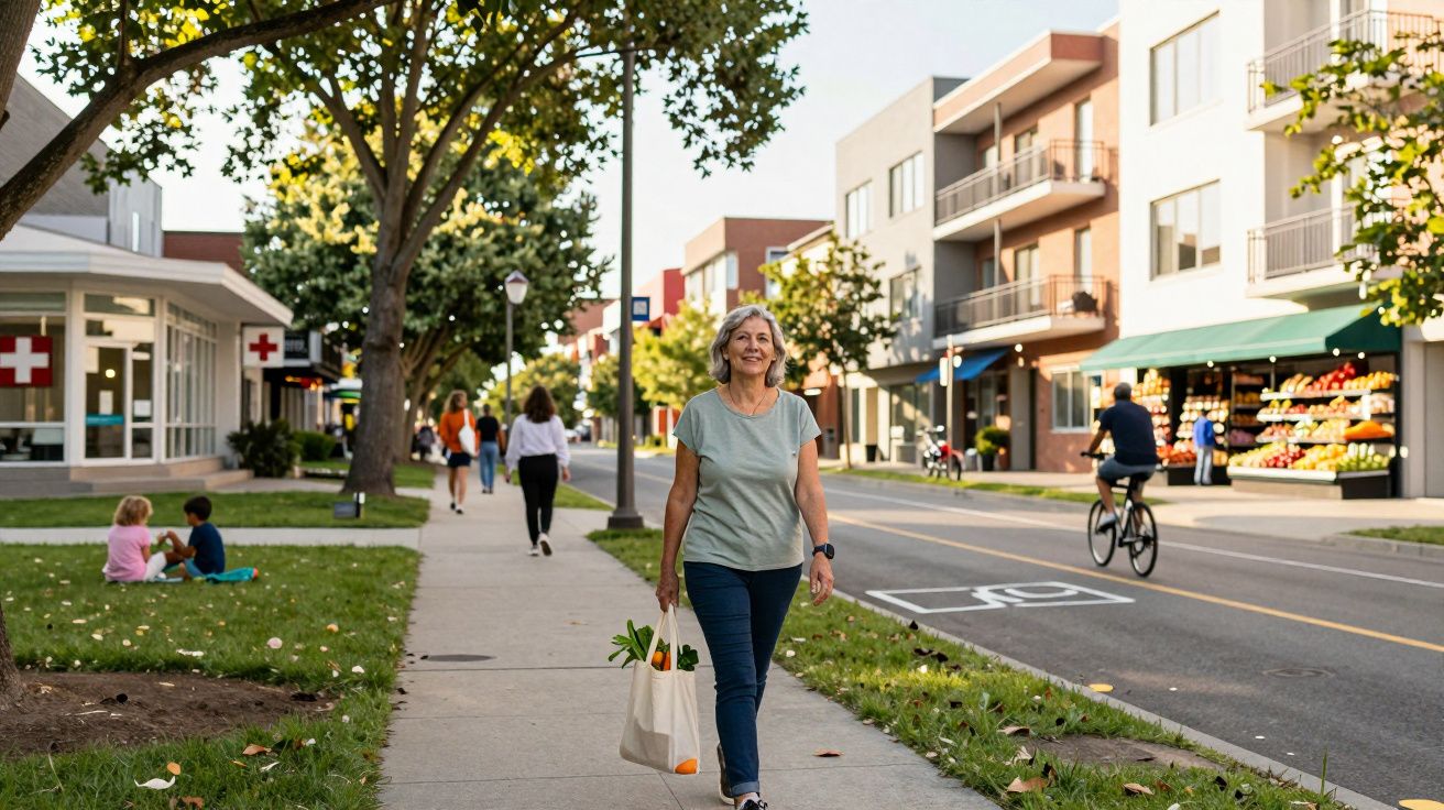 Mulher madura a caminhar numa rua urbana moderna com saco de compras, árvores e pessoas ao redor.
