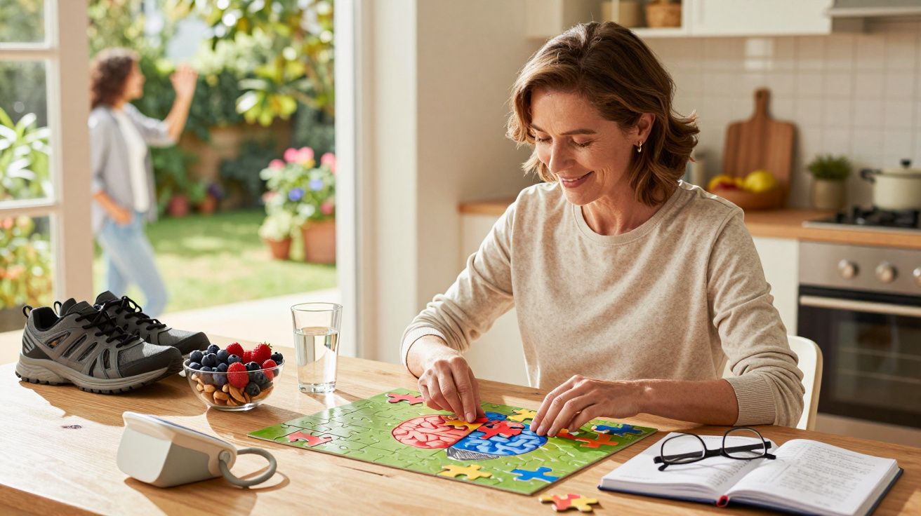 Mulher sorridente a montar um puzzle de cérebro numa mesa com livro, copo de água, sapatos e frutos vermelhos.