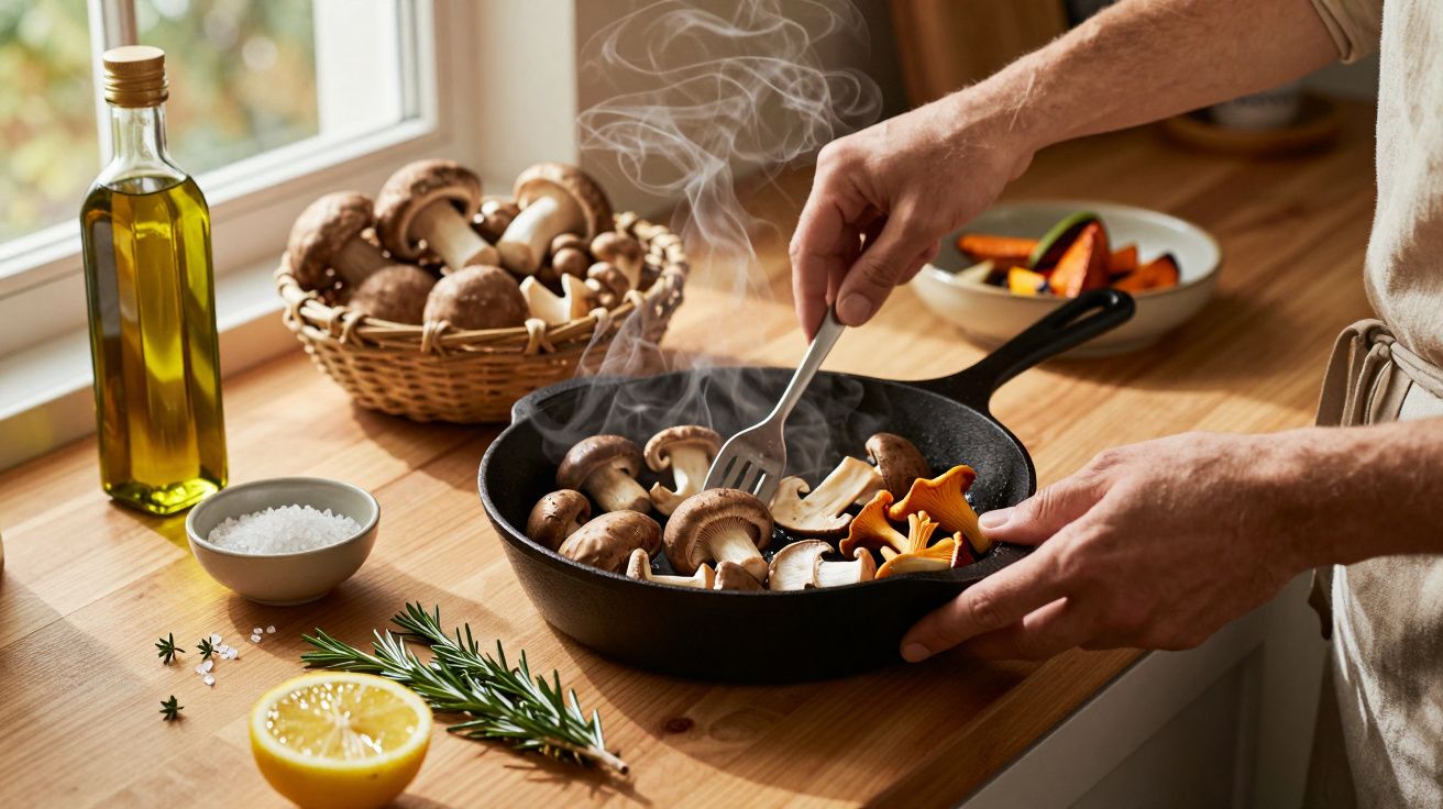 Mãos a cozinhar cogumelos numa frigideira, com azeite, limão, alecrim e sal numa bancada de cozinha.
