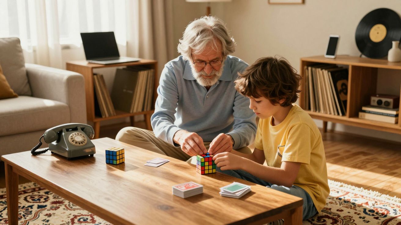 Avô e neto sentados a jogar cubo mágico numa sala com decoração vintage e brinquedos antigos.
