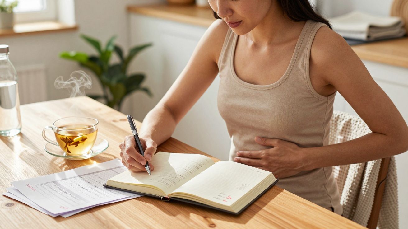 Mulher sentada a escrever num caderno, com mão na barriga, chá quente e documentos na mesa de madeira.