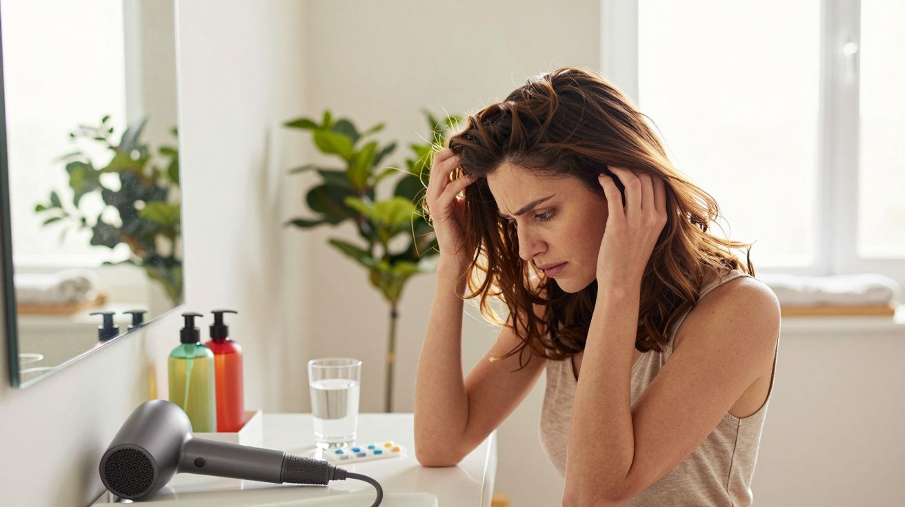 Mulher preocupada sentada diante de um espelho com secador e remédios numa mesa.