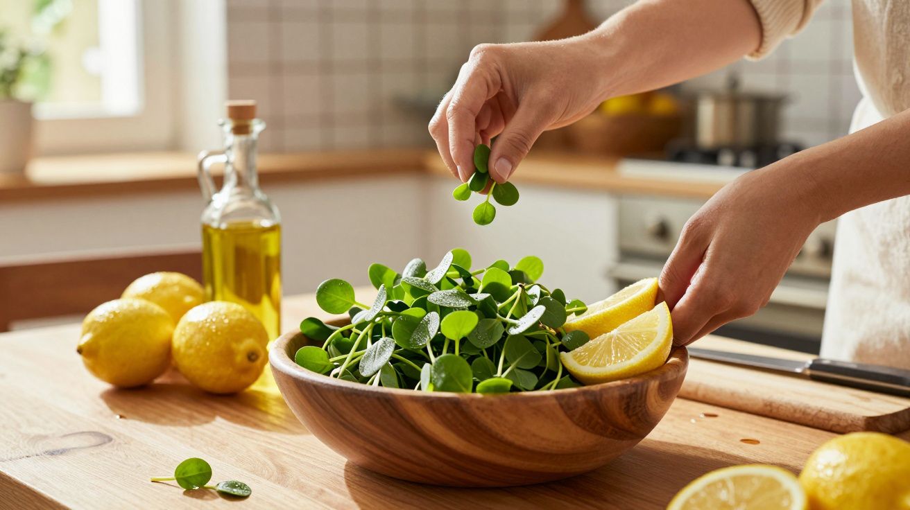 Pessoa a preparar salada com folhas verdes e limão numa tigela de madeira numa cozinha iluminada
