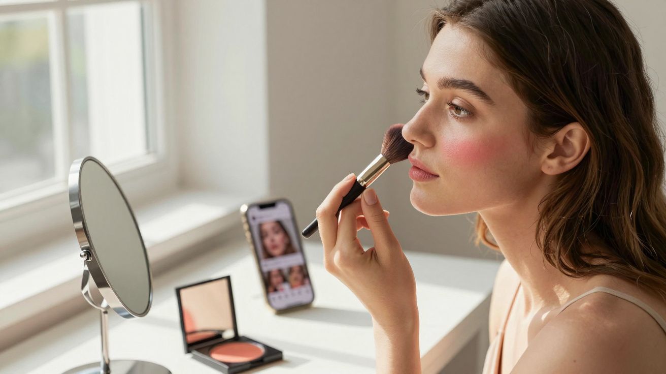 Mulher a aplicar maquilhagem no rosto com pincel, sentada junto a uma janela e espelho de mesa.
