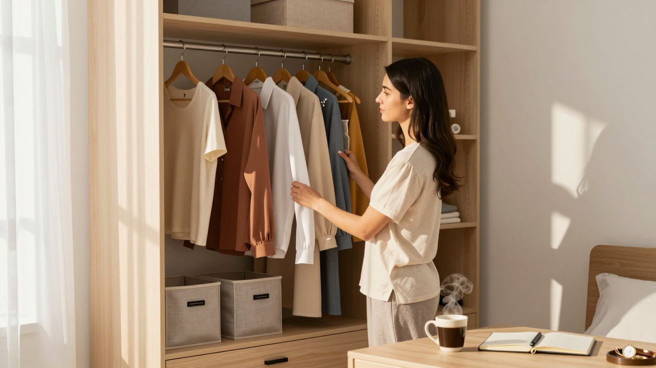 Mulher a escolher roupa num roupeiro em madeira, com café e caderno numa mesa próxima.
