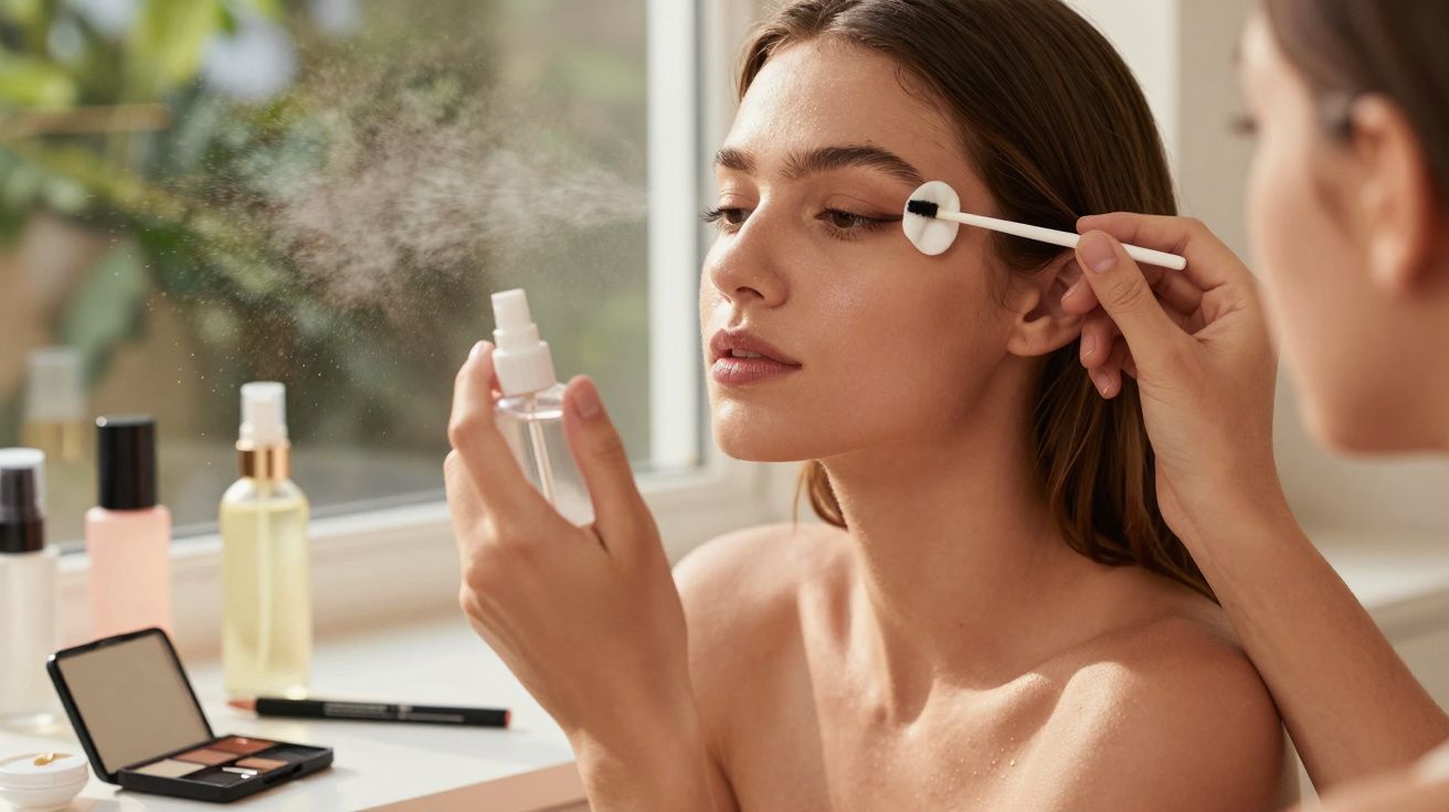 Mulher a receber maquilhagem nos olhos enquanto outra aplica spray fixador num ambiente iluminado.