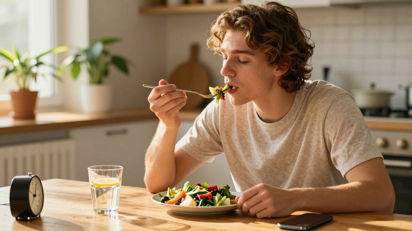 Jovem a comer salada sentando-se à mesa da cozinha com copo de água e relógio ao lado.