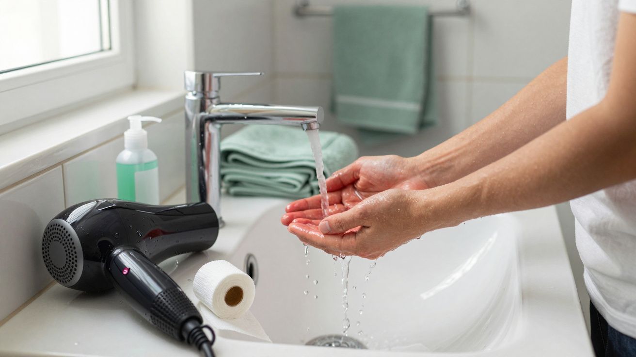 Pessoa a lavar as mãos com água numa pia de casa de banho, com secador de cabelo e toalhas verdes ao lado.