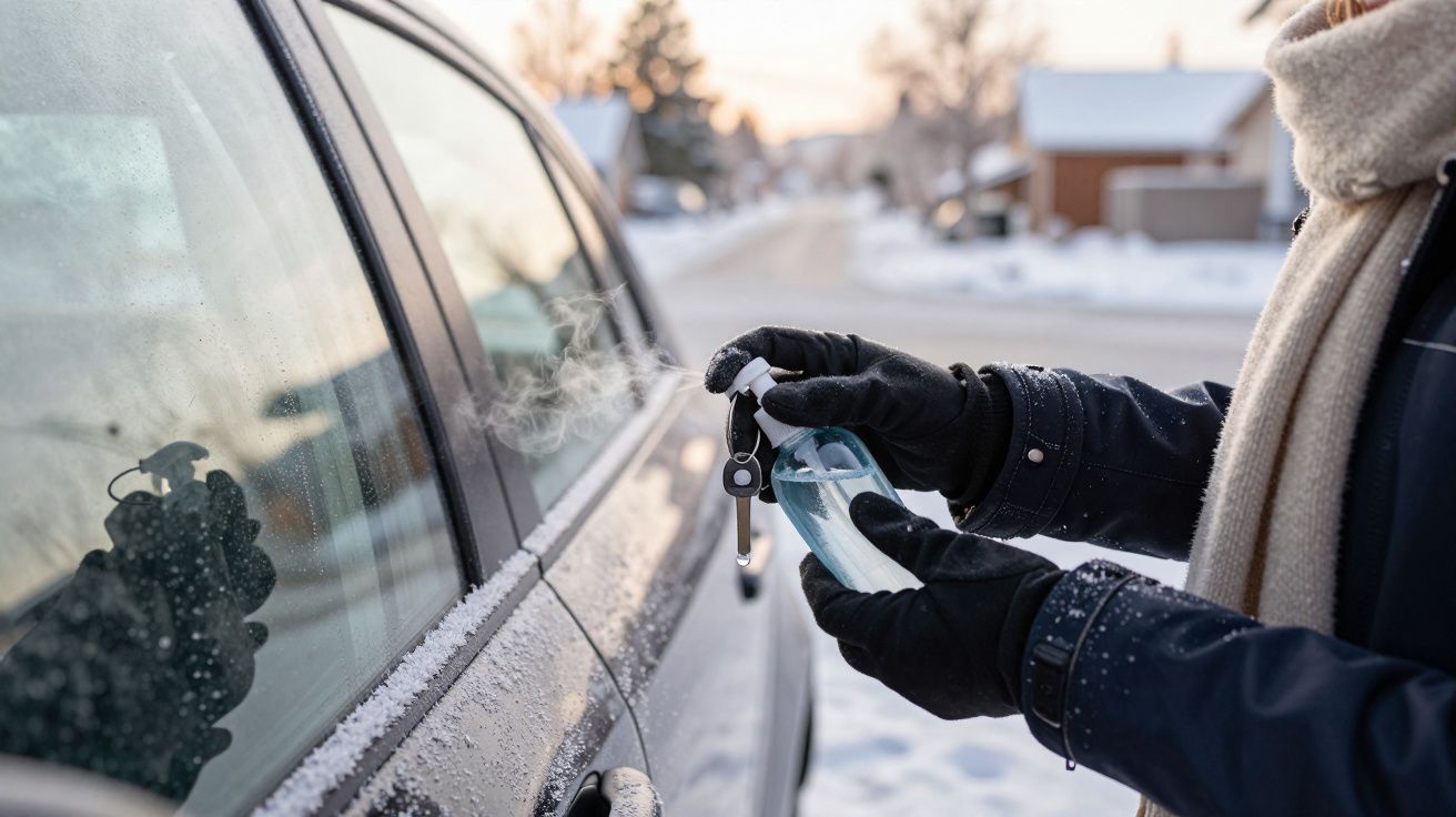 Pessoa com luvas a aplicar spray descongelante na fechadura de uma porta de carro com neve à volta.