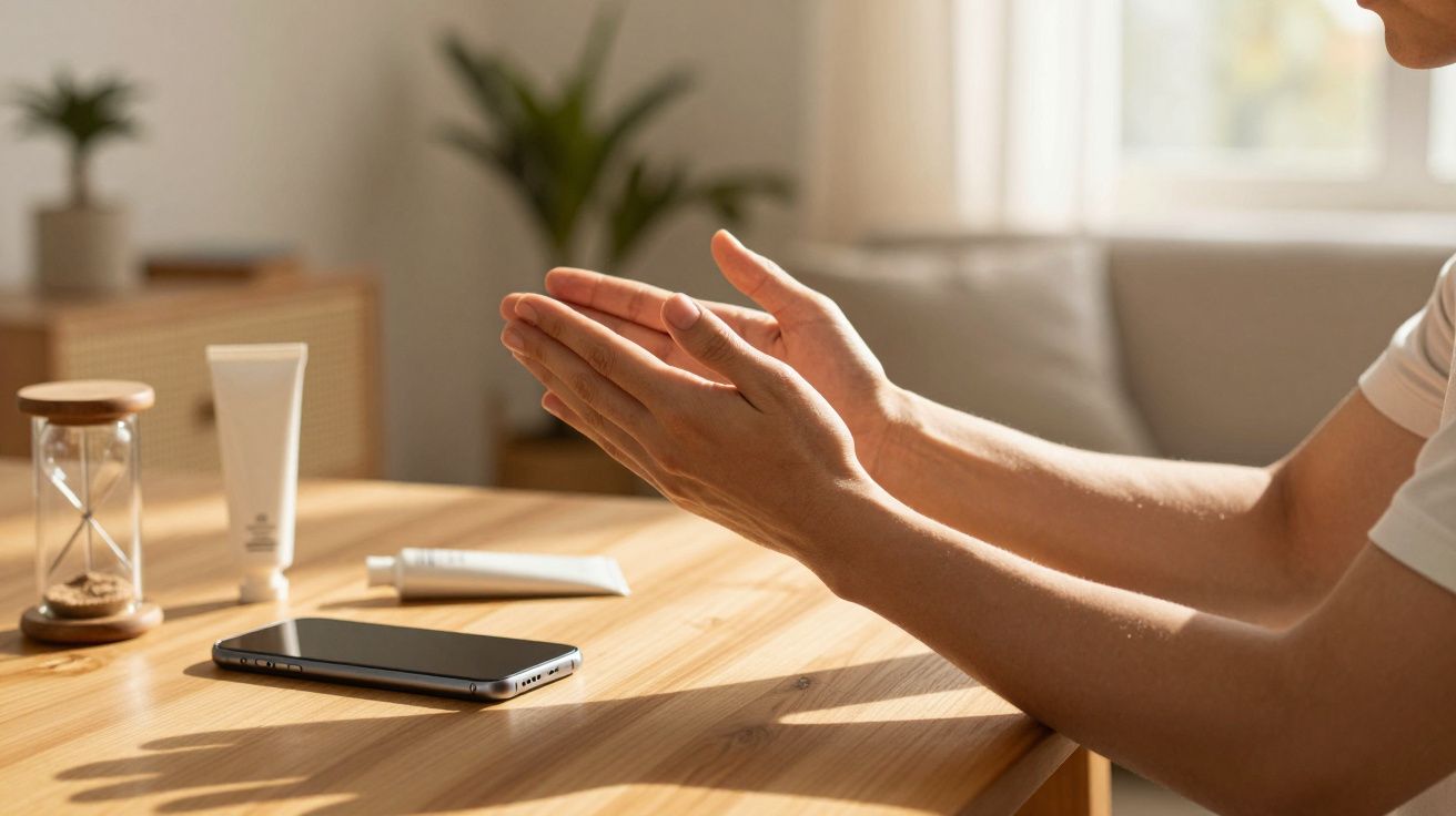 Mãos femininas aplicando creme numa mesa com smartphone, tubos de cosméticos e ampulheta em ambiente iluminado.