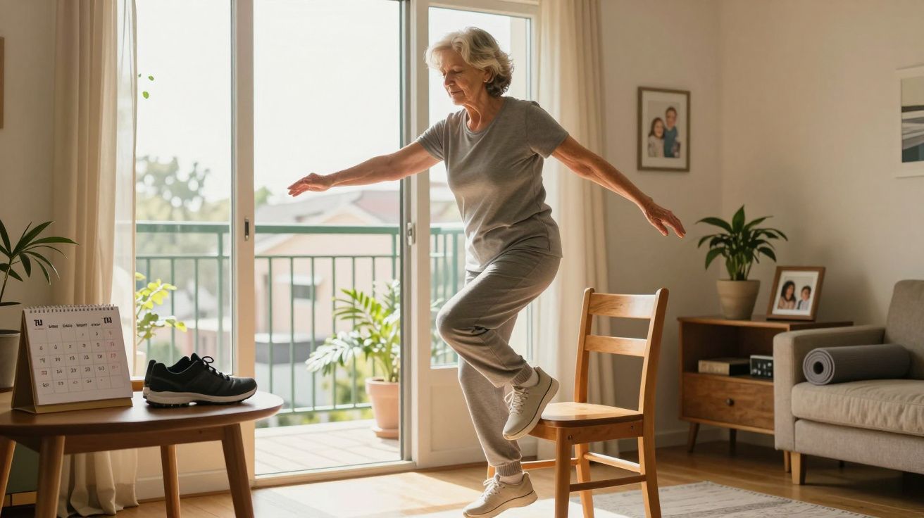 Mulher idosa a praticar equilíbrio em casa, perto de cadeira, com janela e plantas ao fundo.