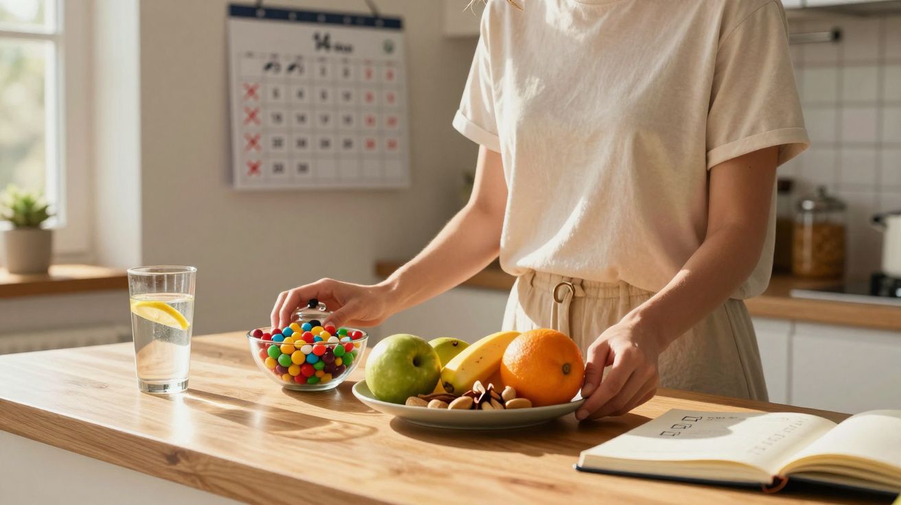 Pessoa em cozinha com prato de frutas e nozes, tigela de rebuçados coloridos, copo de água e livro aberto sobre bancada.