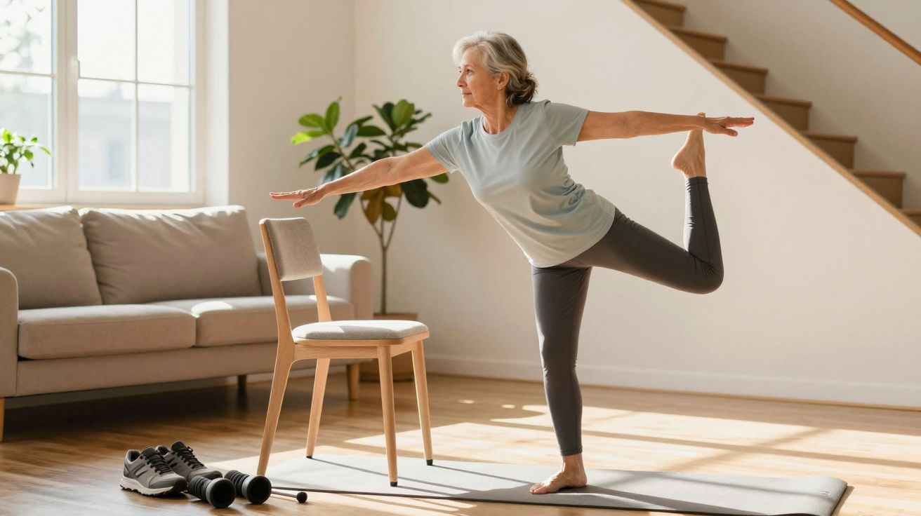 Mulher sénior a praticar yoga em casa usando uma cadeira para equilíbrio, num ambiente iluminado e acolhedor.