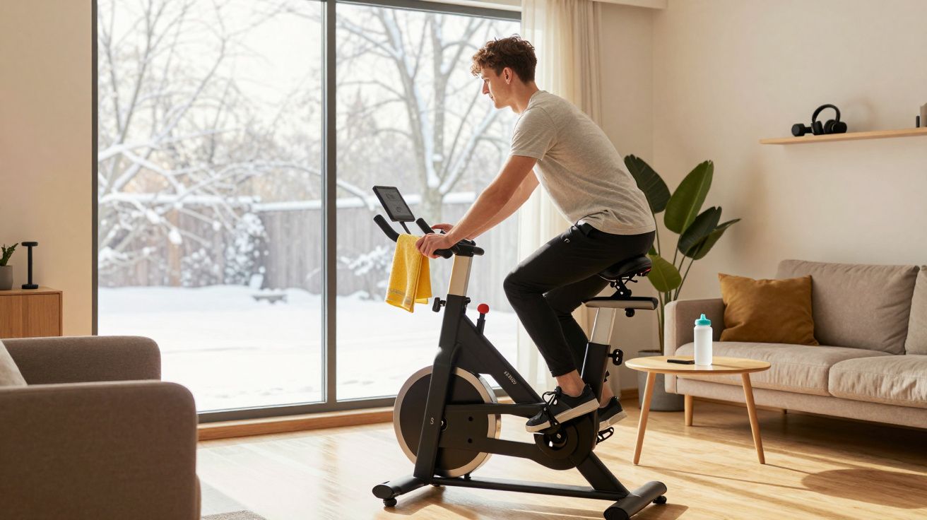 Homem a pedalar numa bicicleta estática junto a uma janela grande com vista para neve no jardim.