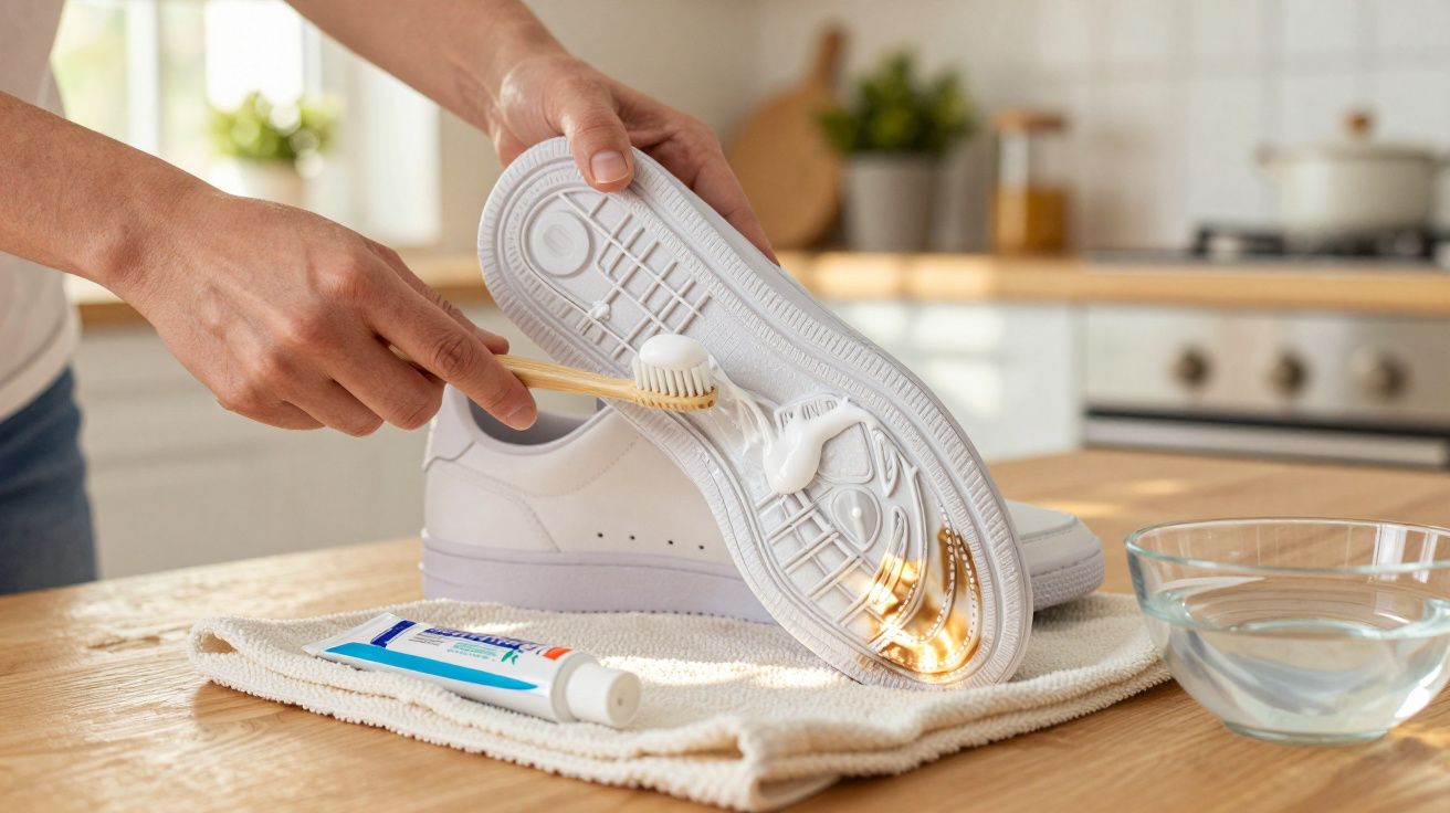 Pessoa a limpar a sola de um ténis branco com escova de dentes e pasta de dentes numa cozinha.