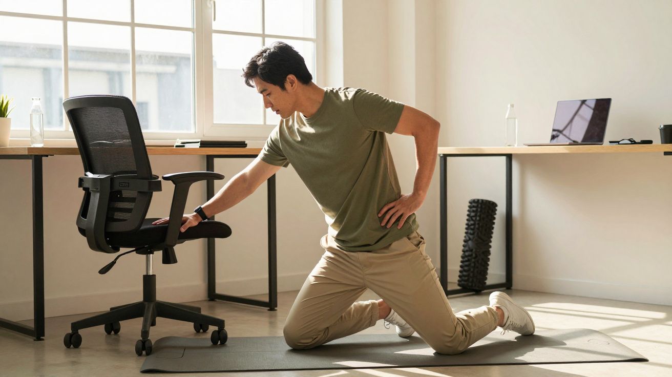 Homem a fazer exercício de alongamento no chão usando uma cadeira de escritório como apoio.