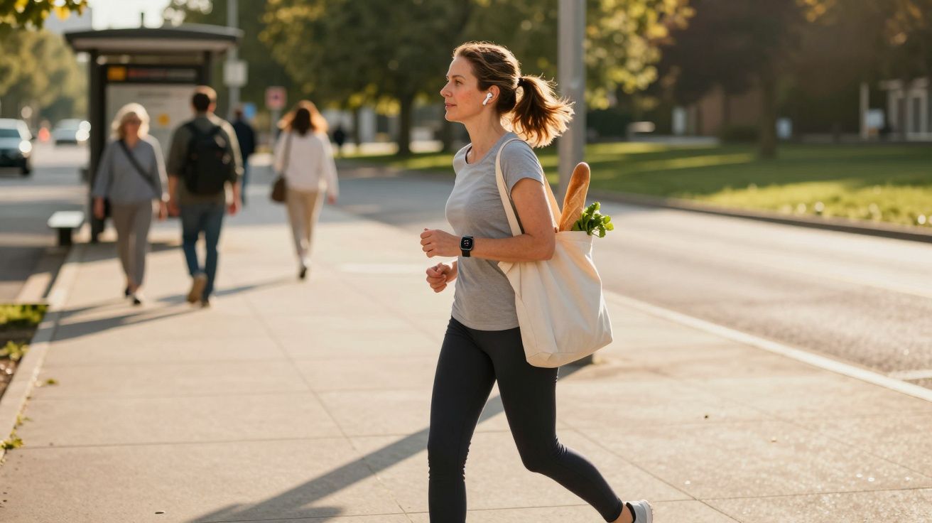 Mulher a caminhar rapidamente na rua com fones, relógio e saco com pão e legumes ao sol.