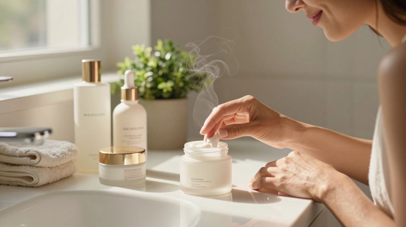 Pessoa a retirar almofada de creme num lavatório com produtos de cuidados da pele em luz natural.