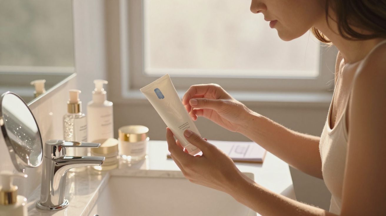 Mulher a segurar e ler rótulo de creme facial num lavatório com produtos de beleza ao redor.