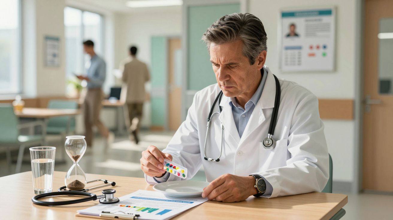 Médico sentado a analisar um comprimido, com estetoscópio, ampulheta e documentos numa mesa de consultório.